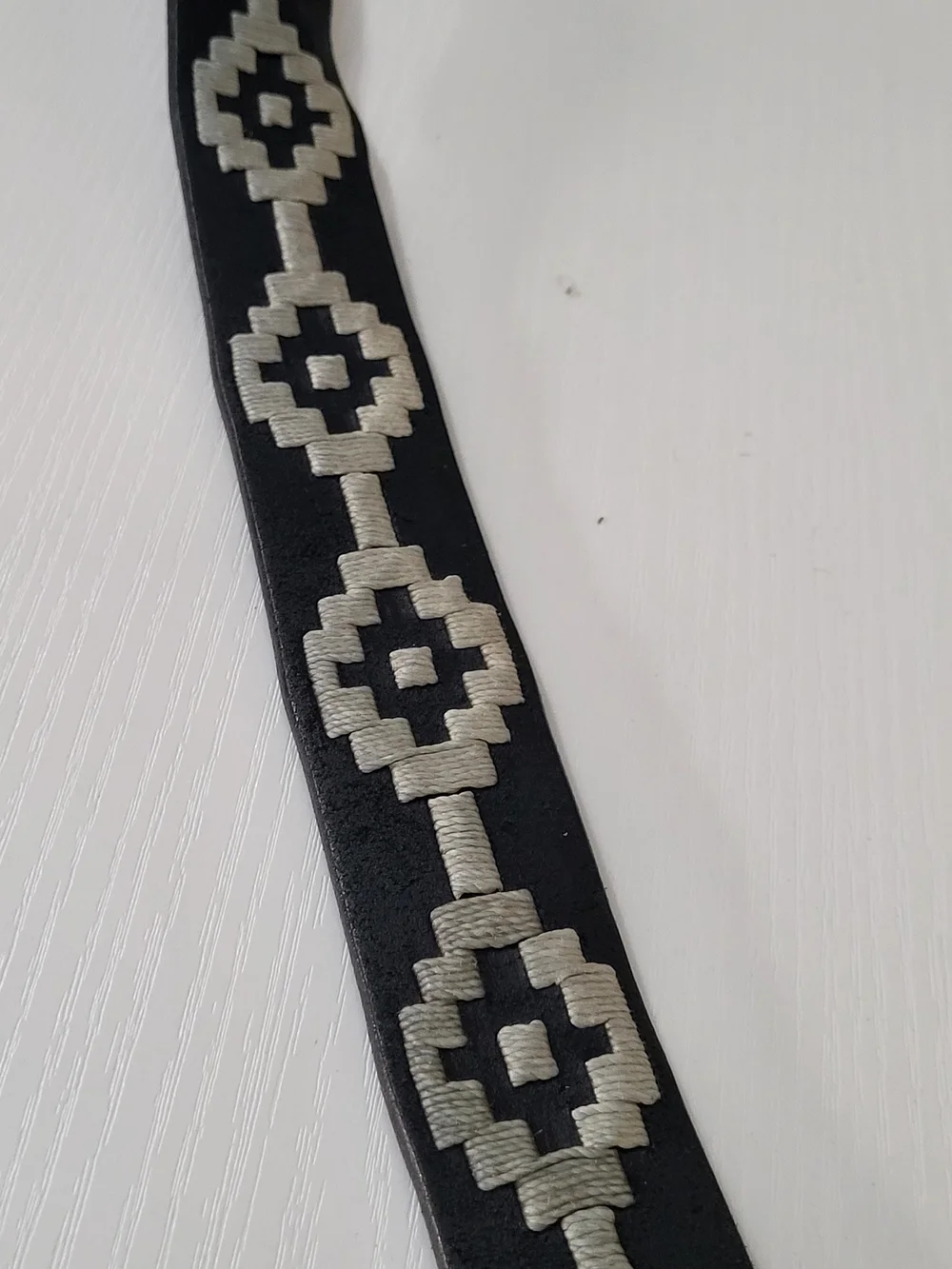 Zilker Black Leather Men’s Belt with White Embroidered Detail No Buckle